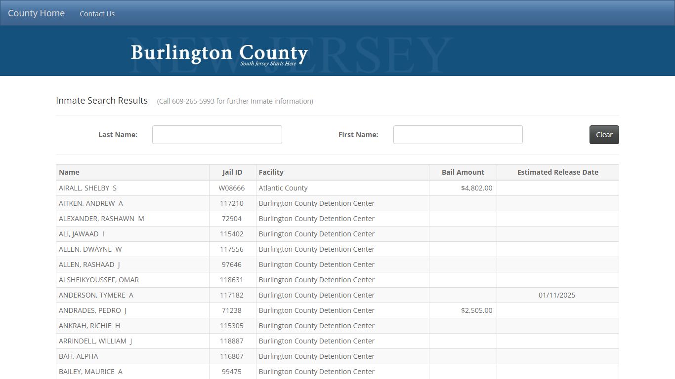 Inmate Search Results - County of Burlington